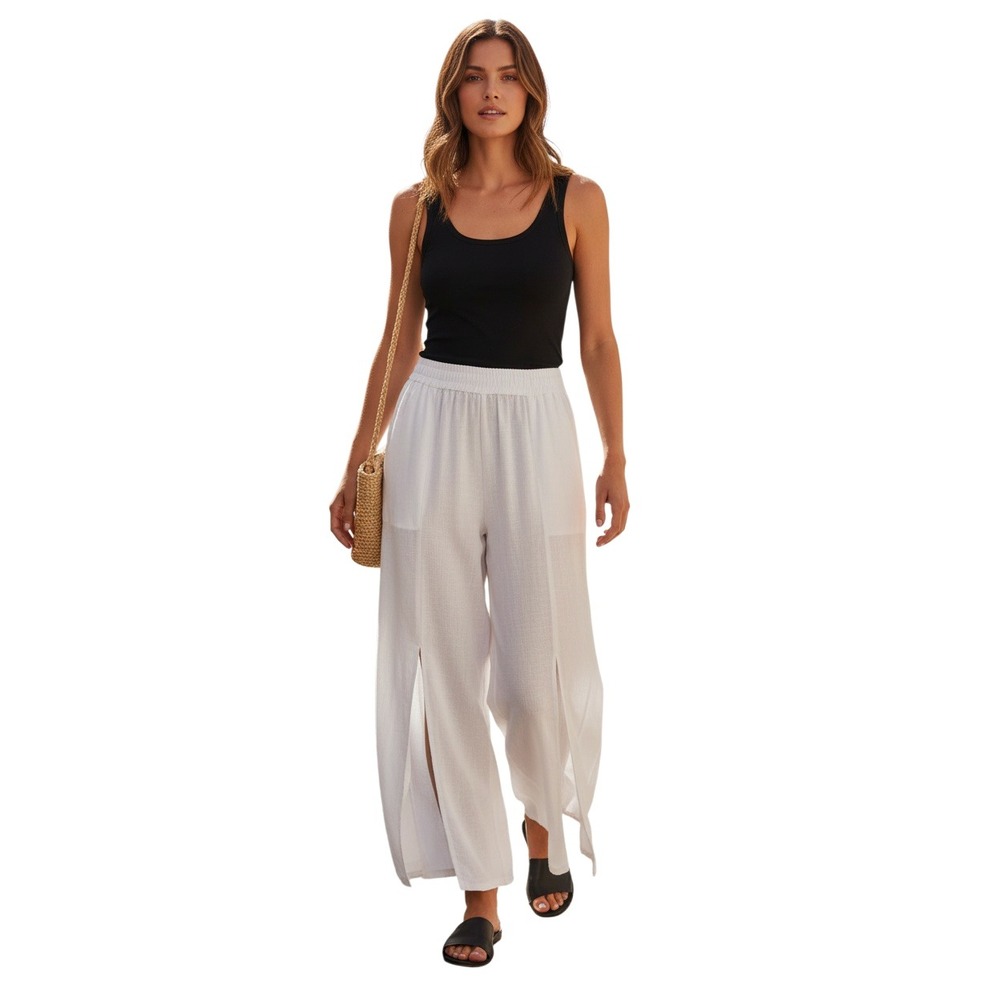 RHEA NWT Osaka White 100% Cotton Wide Leg Pants S M Coastal Resort Side Slit $88